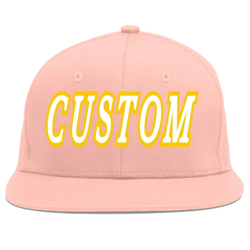 Custom Pink White-Gold Flat Eaves Sport Baseball Cap