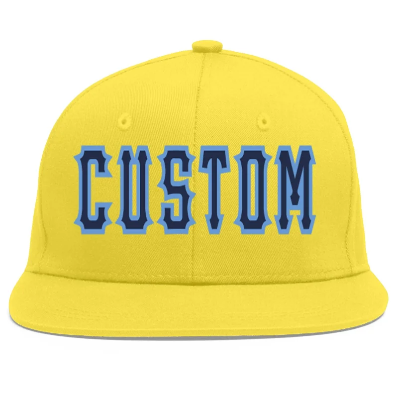 Custom Light Gold Navy-Light Blue Flat Eaves Sport Baseball Cap