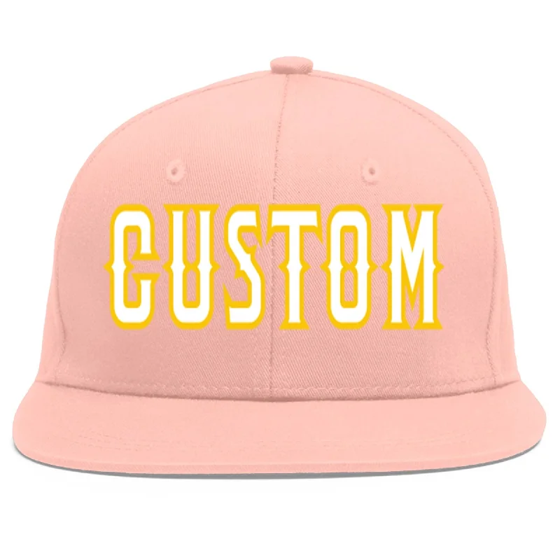 Custom Pink White-Gold Flat Eaves Sport Baseball Cap