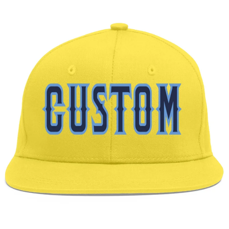 Custom Light Gold Navy-Light Blue Flat Eaves Sport Baseball Cap