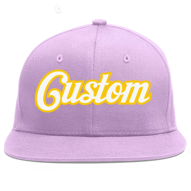 Custom Light Purple White-Gold Flat Eaves Sport Baseball Cap