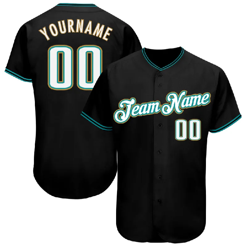 Custom Black White-Teal Authentic Baseball Jersey