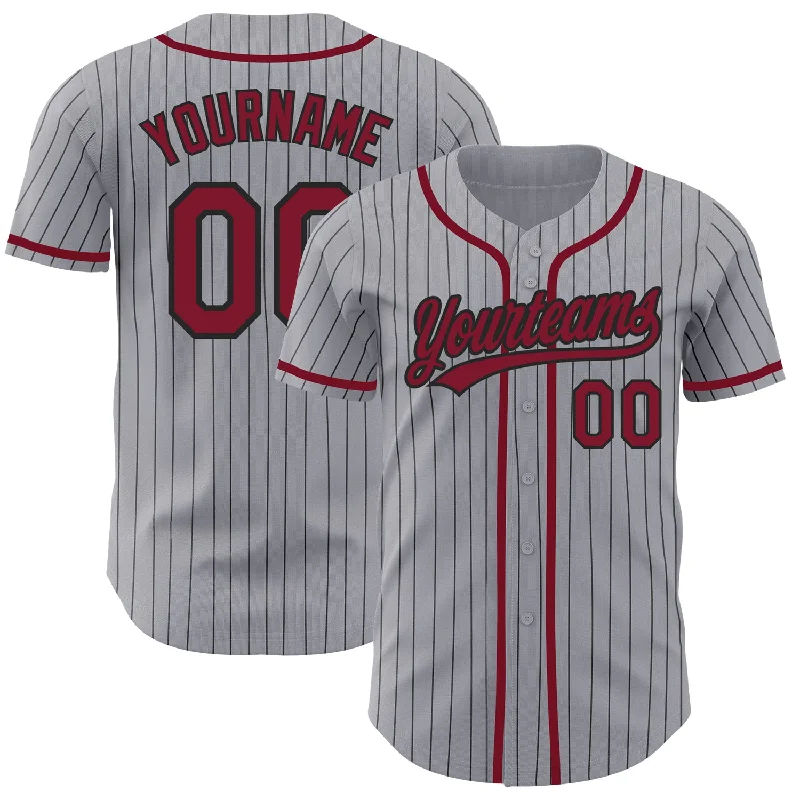 Custom Gray Black Pinstripe Crimson Authentic Baseball Jersey