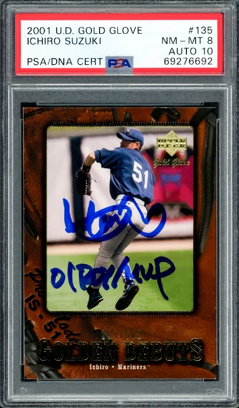 Ichiro Suzuki Autographed 2001 UD Gold Glove Rookie Card #135 Seattle Mariners PSA 8 Auto Grade Gem Mint 10 "01 ROY/MVP" #265/500 PSA/DNA #69276692