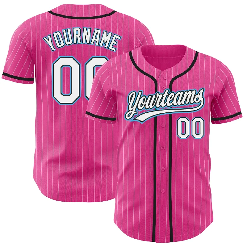 Custom Pink White Pinstripe Sky Blue Authentic Baseball Jersey