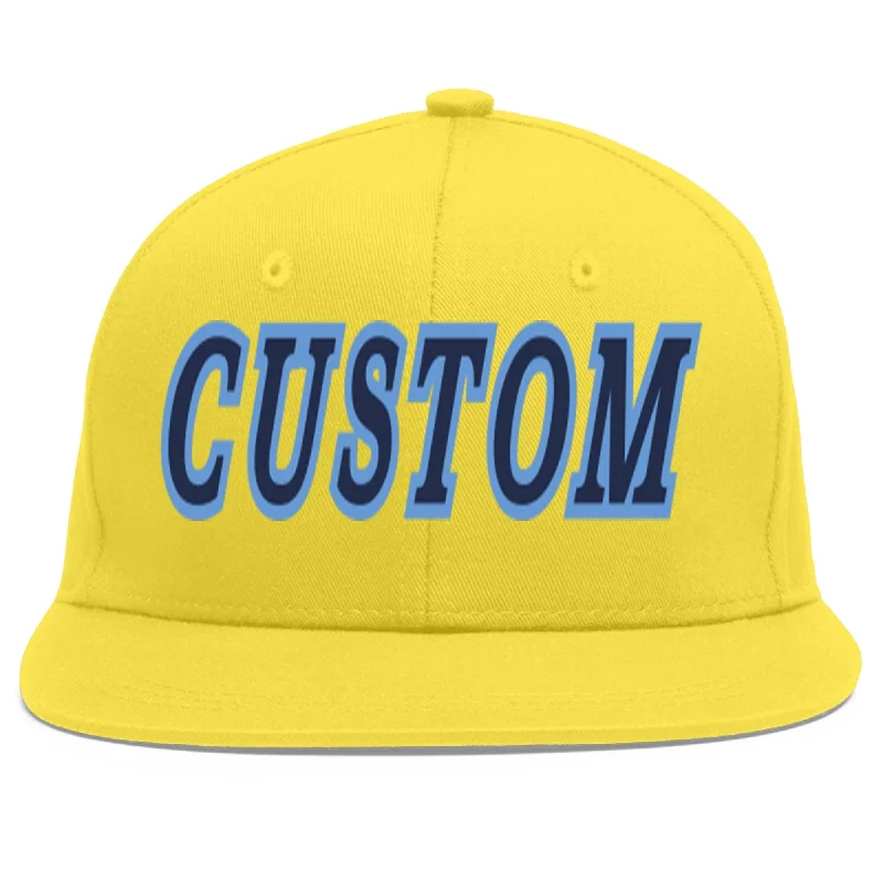 Custom Light Gold Navy-Light Blue Flat Eaves Sport Baseball Cap