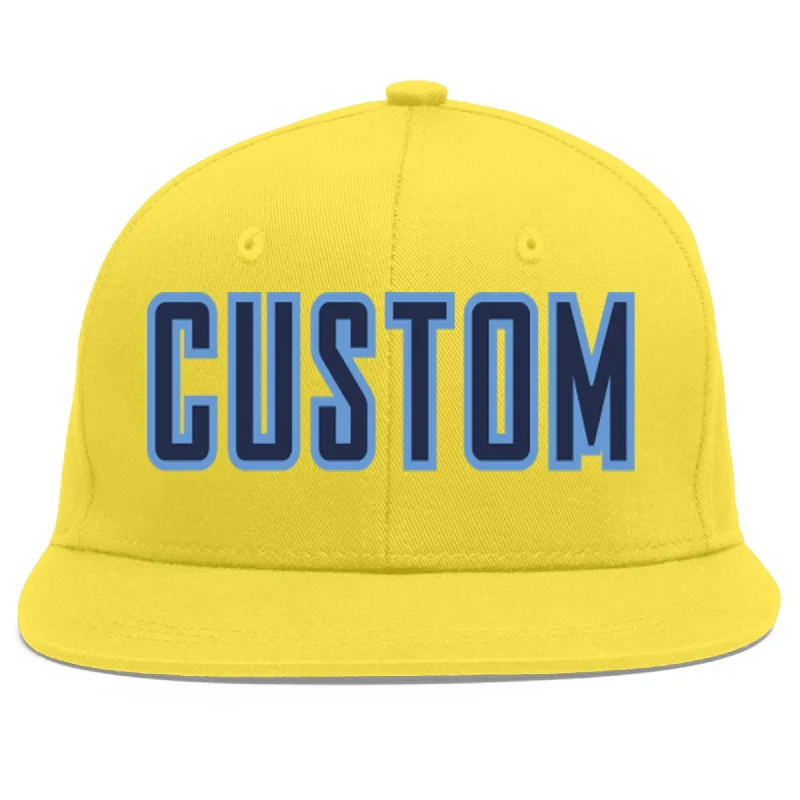 Custom Light Gold Navy-Light Blue Flat Eaves Sport Baseball Cap