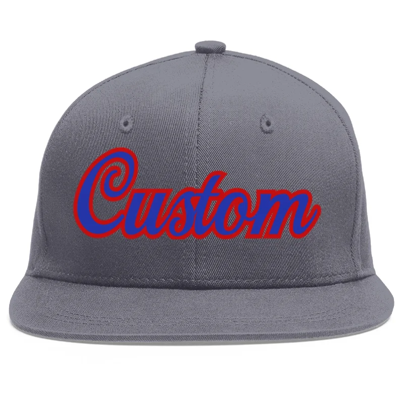 Custom Dark Gray Royal-Red Flat Eaves Sport Baseball Cap