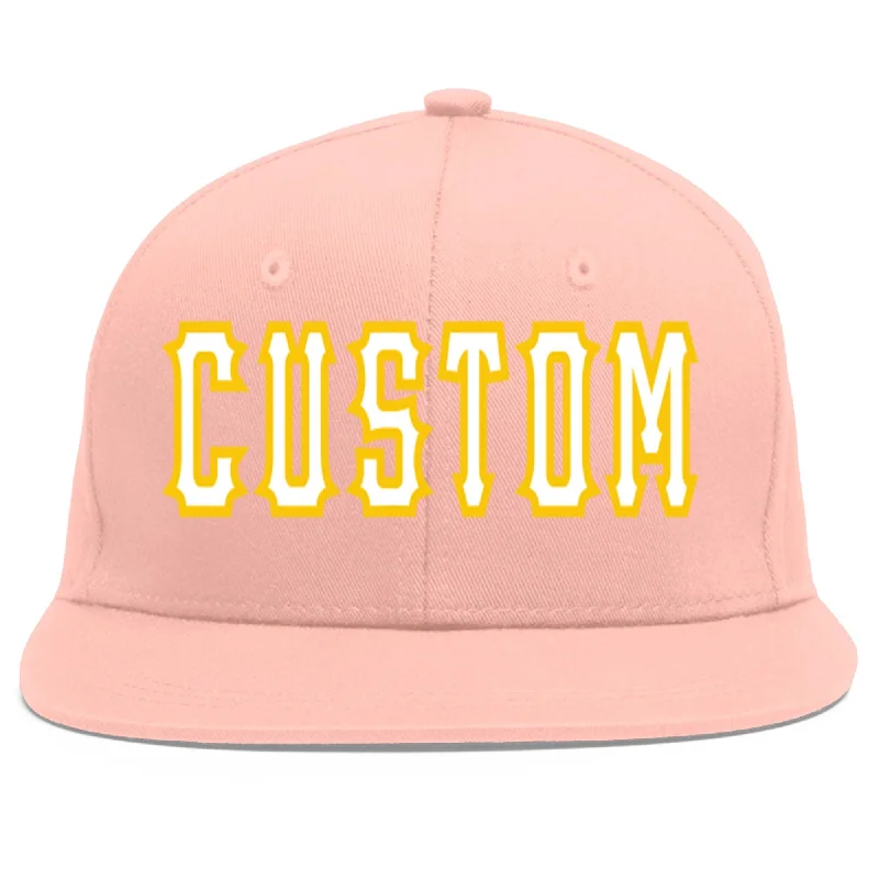 Custom Pink White-Gold Flat Eaves Sport Baseball Cap