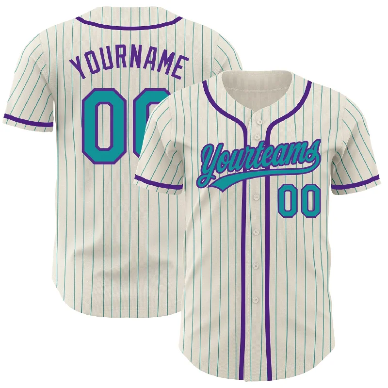 Custom Cream Teal Pinstripe Purple Authentic Baseball Jersey