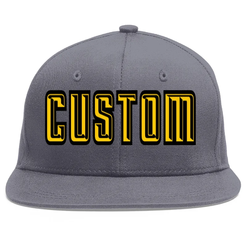 Custom Dark Gray Gold-Black Flat Eaves Sport Baseball Cap