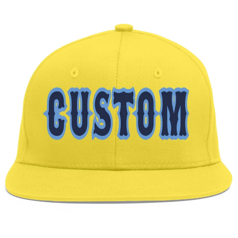 Custom Light Gold Navy-Light Blue Flat Eaves Sport Baseball Cap