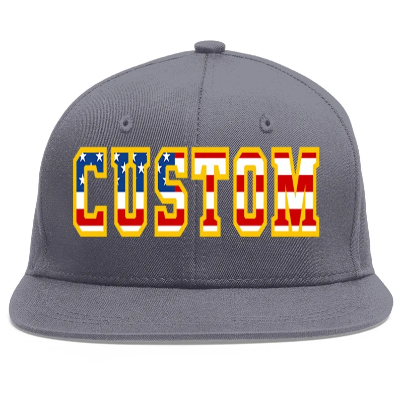 Custom Dark Gray Vintage USA Flag-Gold Flat Eaves Sport Baseball Cap