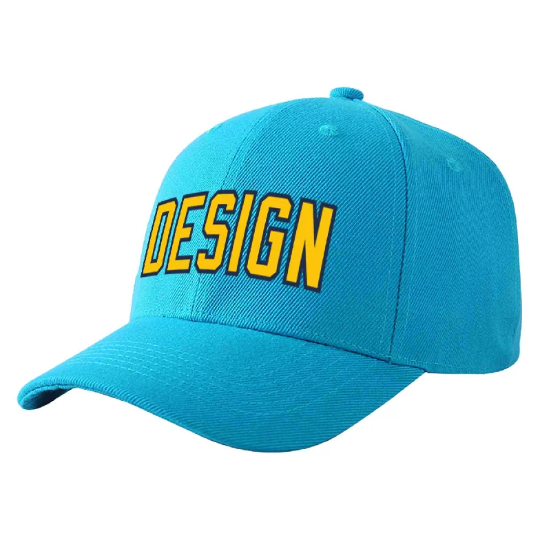 Custom Aqua Gold-Navy Curved Eaves Sport Design Baseball Cap