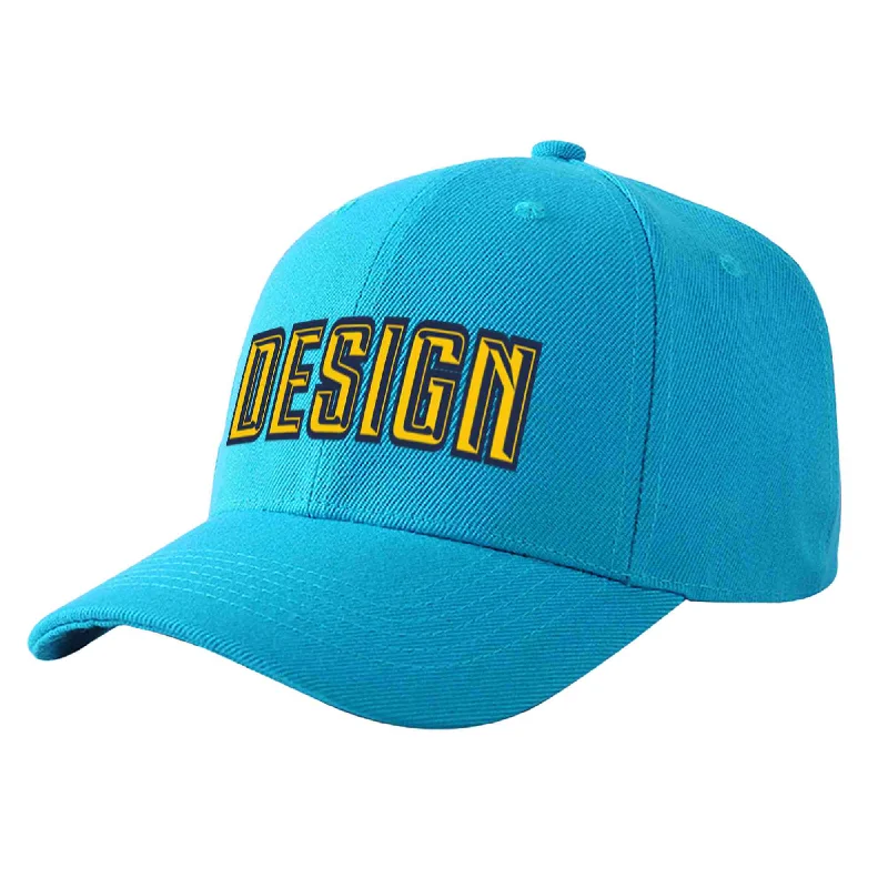 Custom Aqua Gold-Navy Curved Eaves Sport Design Baseball Cap