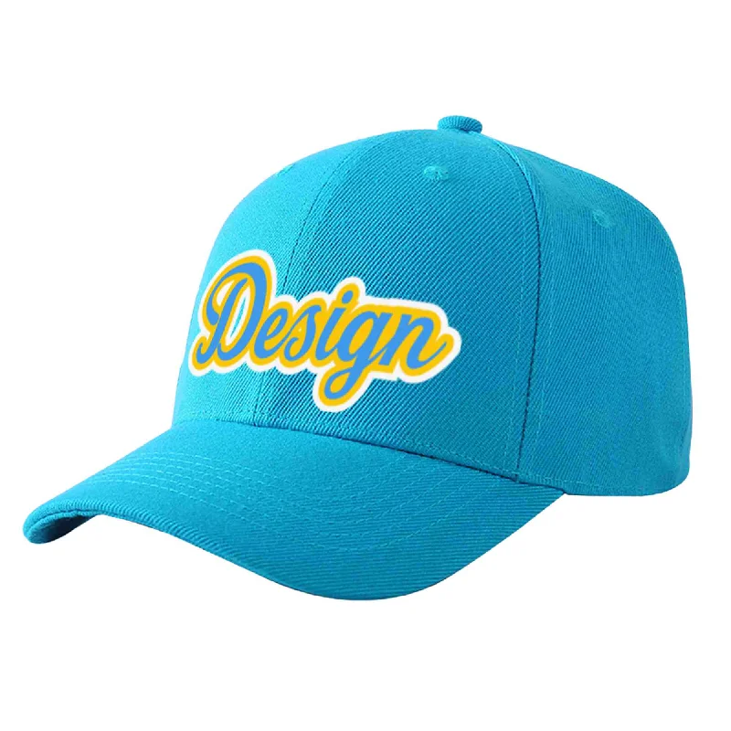 Custom Aqua Powder Blue-Gold Curved Eaves Sport Design Baseball Cap