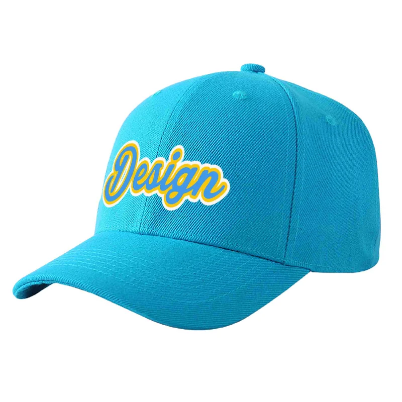 Custom Aqua Powder Blue-Gold Curved Eaves Sport Design Baseball Cap