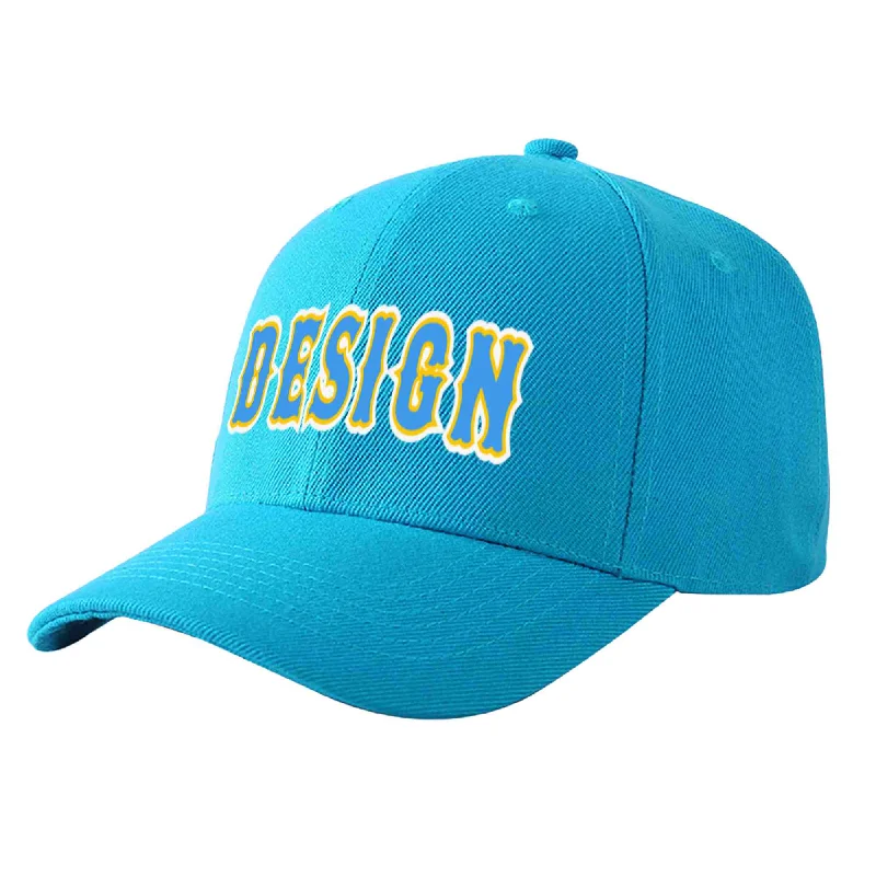 Custom Aqua Powder Blue-Gold Curved Eaves Sport Design Baseball Cap