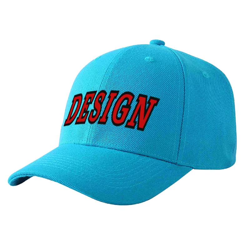 Custom Aqua Red-Black Curved Eaves Sport Design Baseball Cap