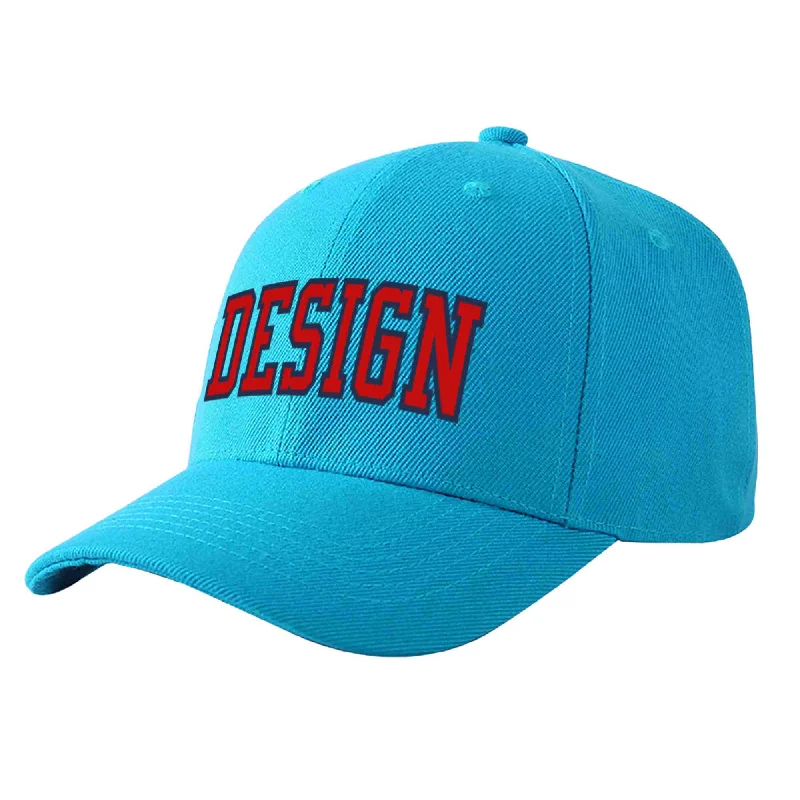 Custom Aqua Red-Navy Curved Eaves Sport Design Baseball Cap