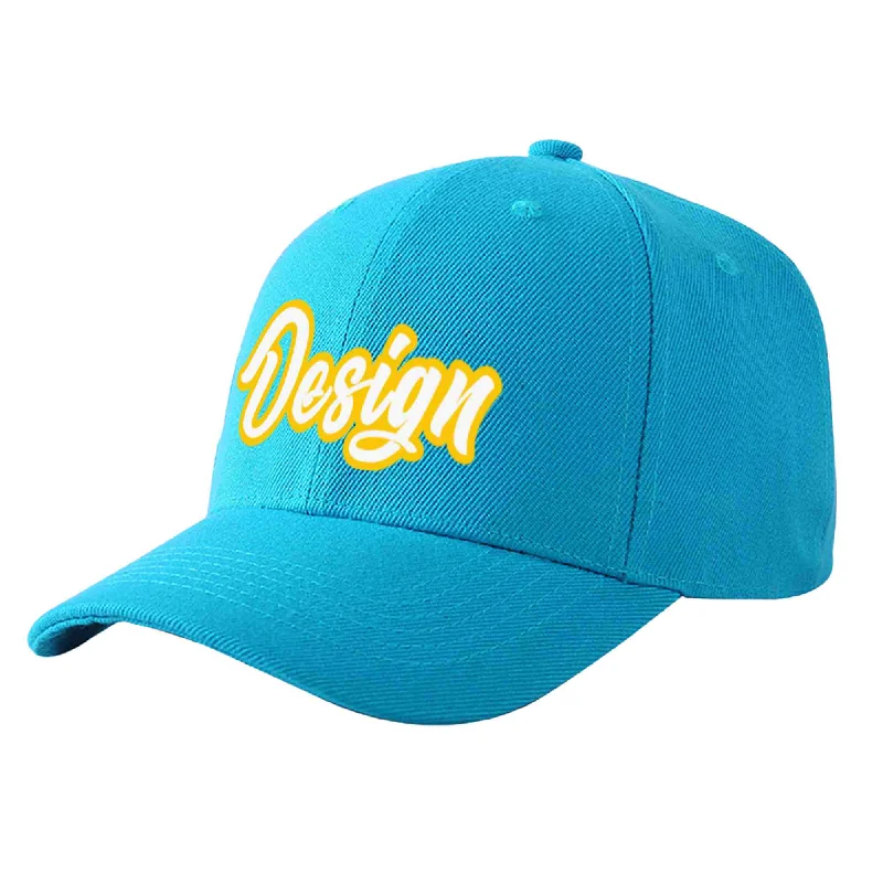 Custom Aqua White-Gold Curved Eaves Sport Design Baseball Cap