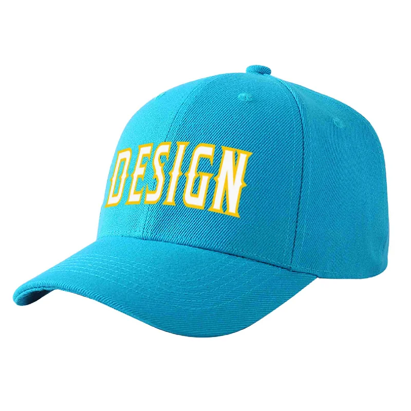 Custom Aqua White-Gold Curved Eaves Sport Design Baseball Cap