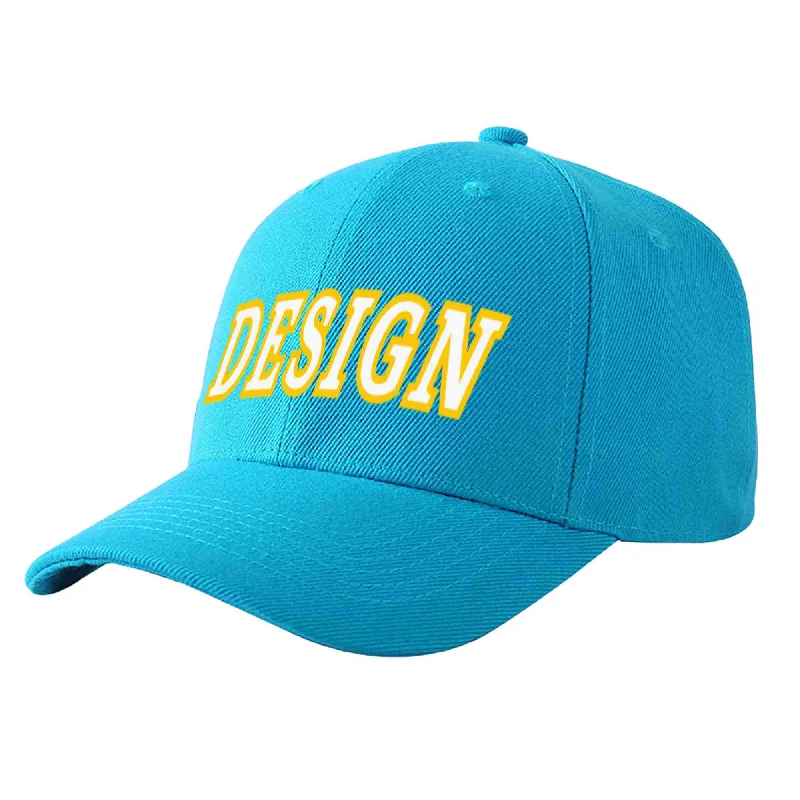 Custom Aqua White-Gold Curved Eaves Sport Design Baseball Cap