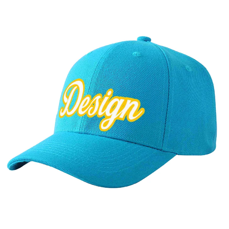 Custom Aqua White-Gold Curved Eaves Sport Design Baseball Cap