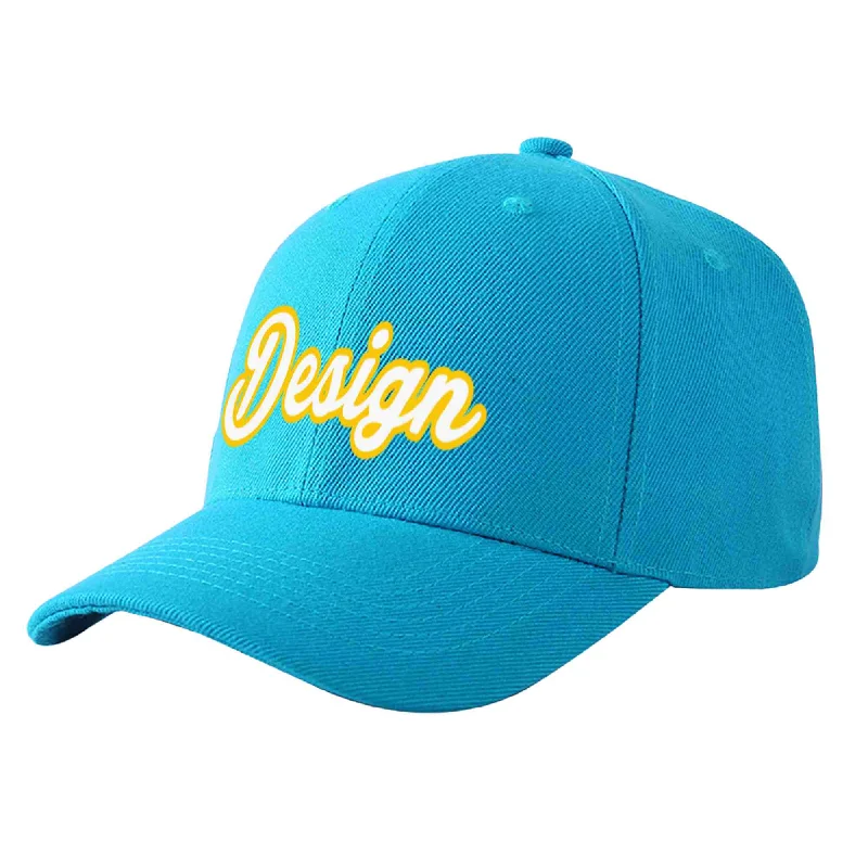 Custom Aqua White-Gold Curved Eaves Sport Design Baseball Cap