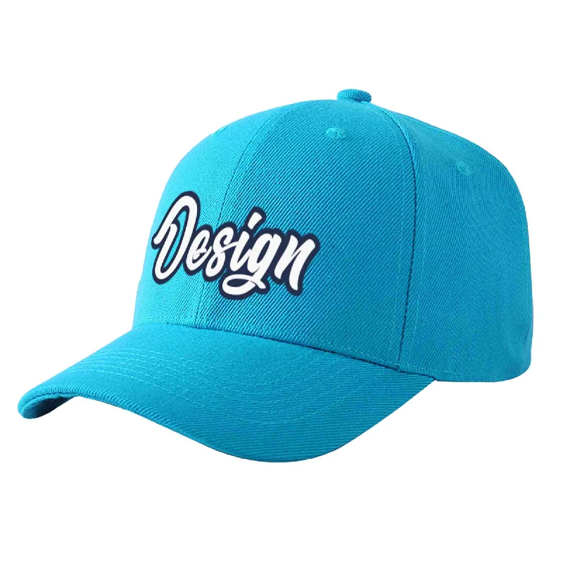 Custom Aqua White-Navy Curved Eaves Sport Design Baseball Cap