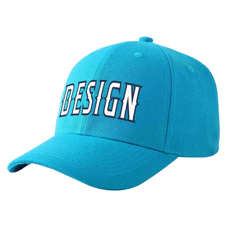 Custom Aqua White-Navy Curved Eaves Sport Design Baseball Cap