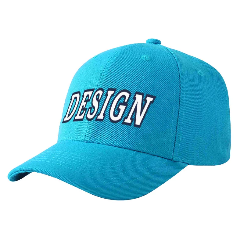 Custom Aqua White-Navy Curved Eaves Sport Design Baseball Cap