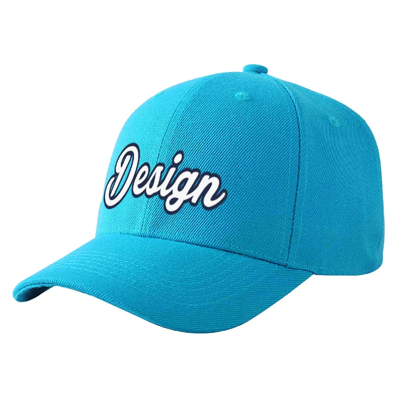 Custom Aqua White-Navy Curved Eaves Sport Design Baseball Cap