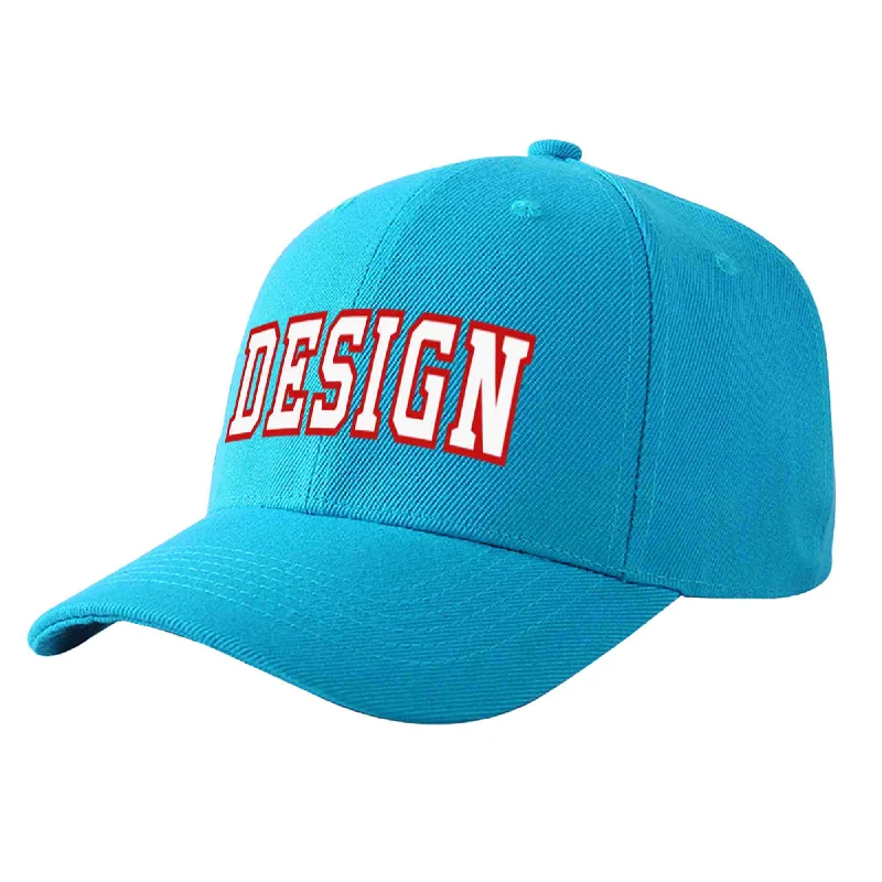 Custom Aqua White-Red Curved Eaves Sport Design Baseball Cap