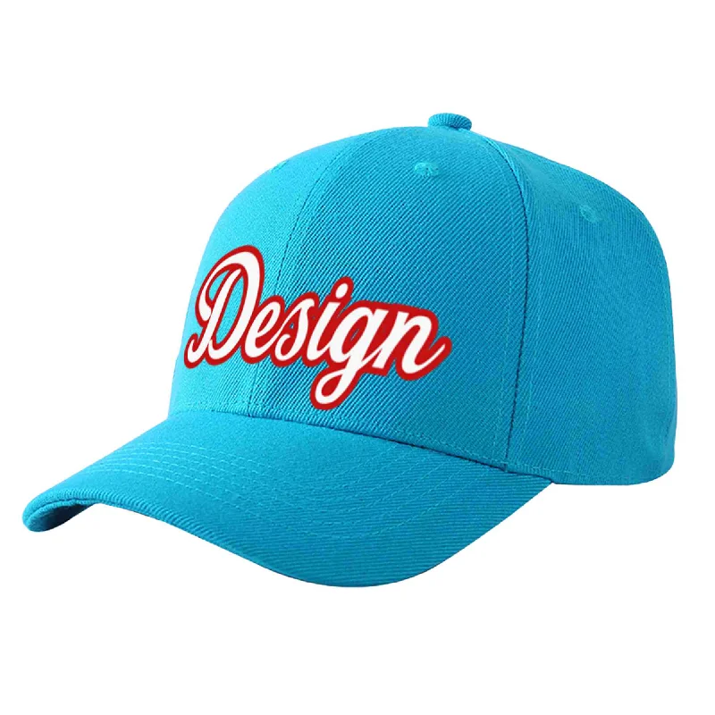 Custom Aqua White-Red Curved Eaves Sport Design Baseball Cap