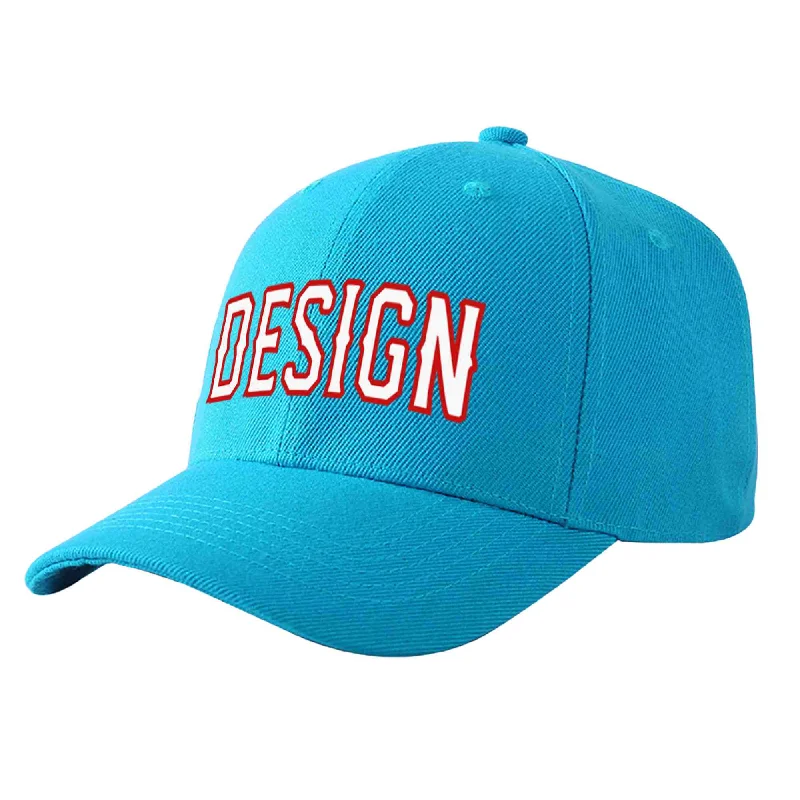 Custom Aqua White-Red Curved Eaves Sport Design Baseball Cap