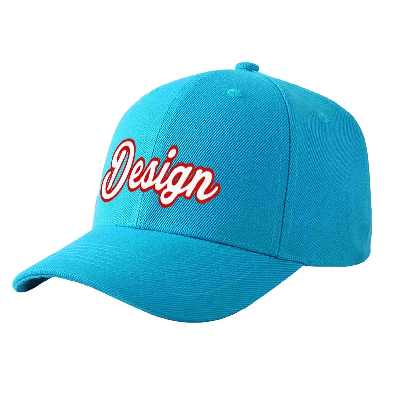 Custom Aqua White-Red Curved Eaves Sport Design Baseball Cap