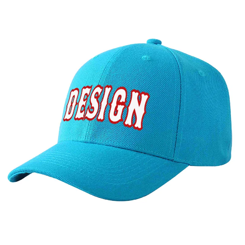 Custom Aqua White-Red Curved Eaves Sport Design Baseball Cap