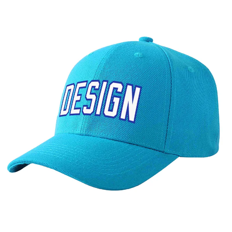 Custom Aqua White-Royal Curved Eaves Sport Design Baseball Cap