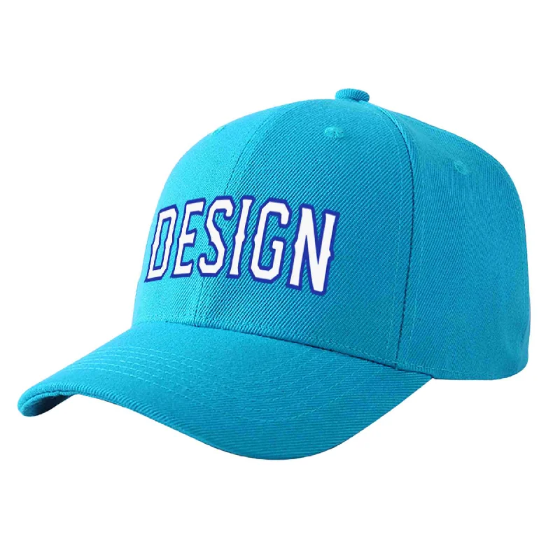 Custom Aqua White-Royal Curved Eaves Sport Design Baseball Cap