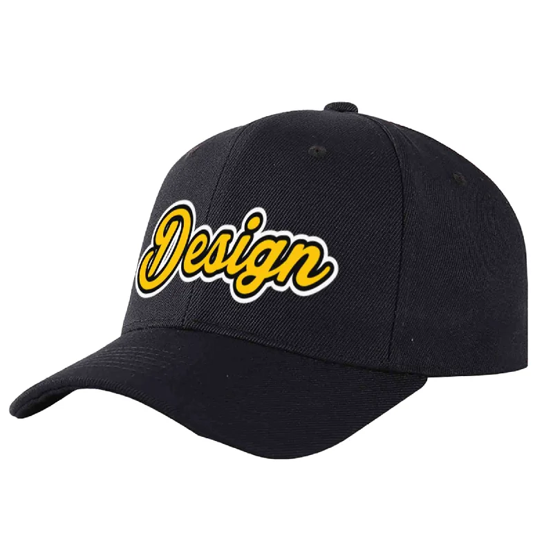 Custom Black Gold-Black Curved Eaves Sport Design Baseball Cap