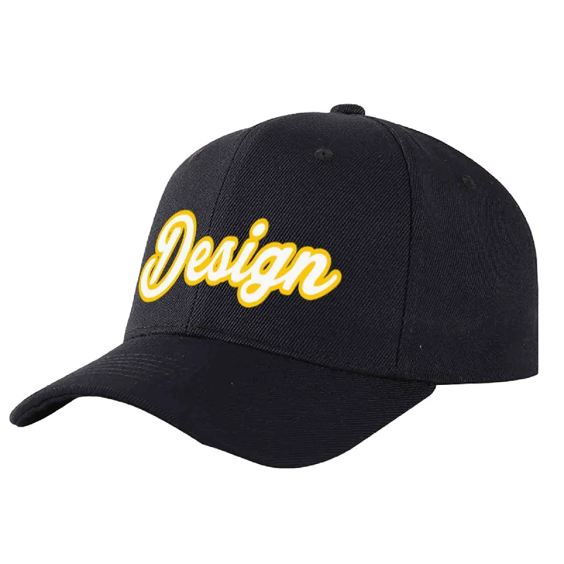 Custom Black White-Gold Curved Eaves Sport Design Baseball Cap