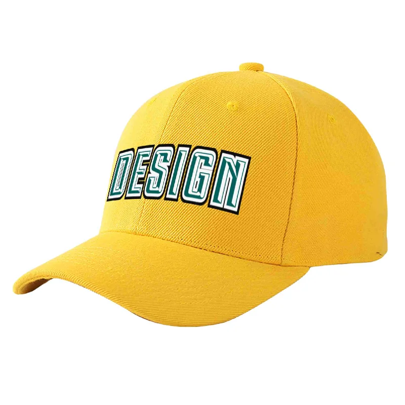 Custom Gold Aqua-White Curved Eaves Sport Design Baseball Cap