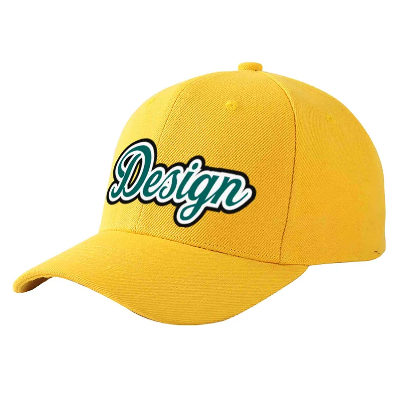 Custom Gold Aqua-White Curved Eaves Sport Design Baseball Cap