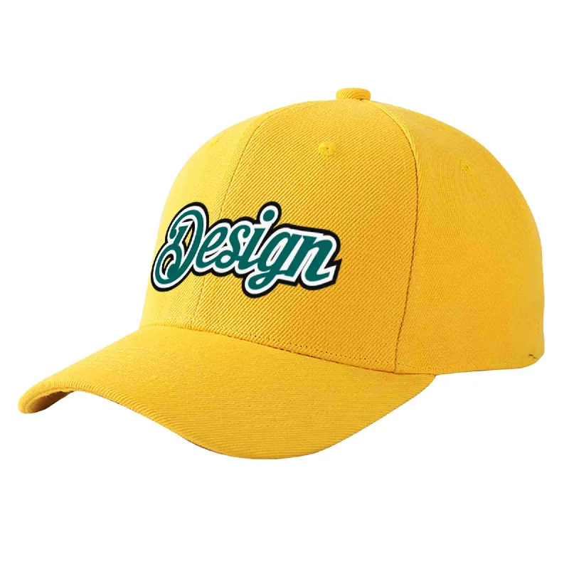 Custom Gold Aqua-White Curved Eaves Sport Design Baseball Cap