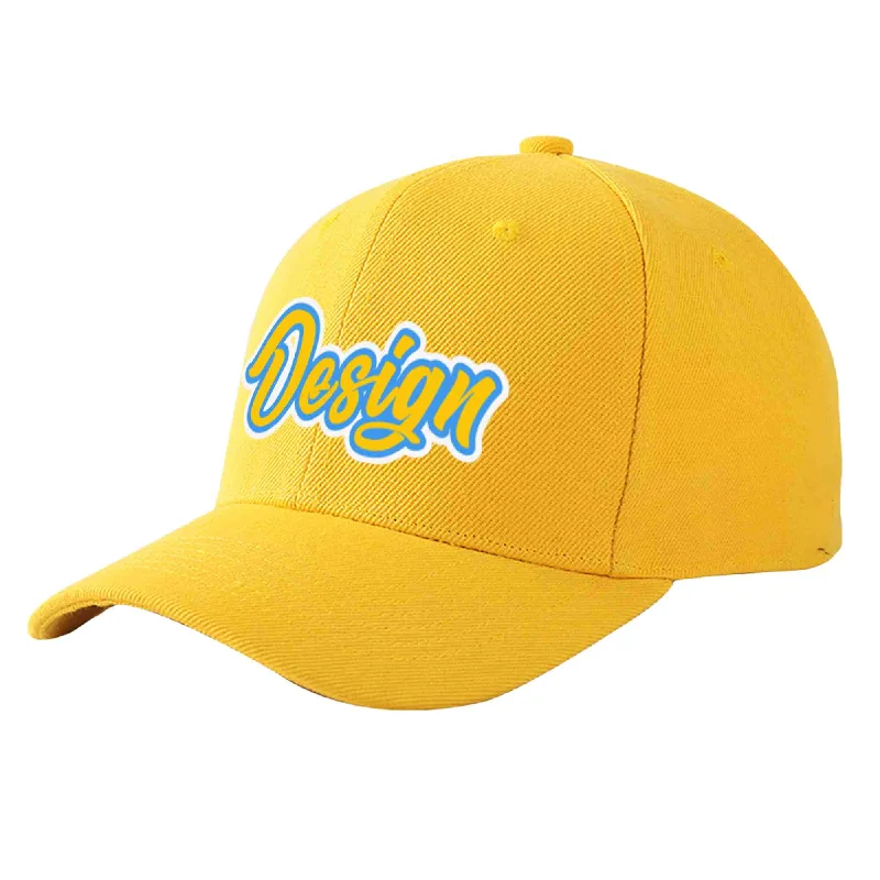 Custom Gold Gold-Powder Blue Curved Eaves Sport Design Baseball Cap