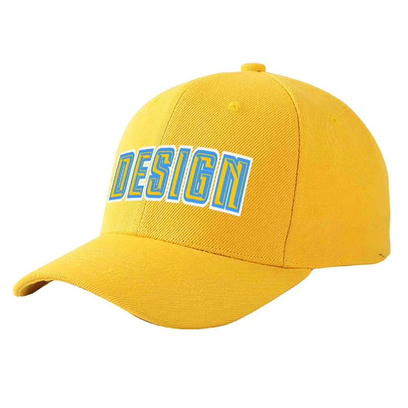 Custom Gold Gold-Powder Blue Curved Eaves Sport Design Baseball Cap