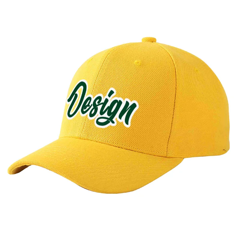 Custom Gold Green-White Curved Eaves Sport Design Baseball Cap