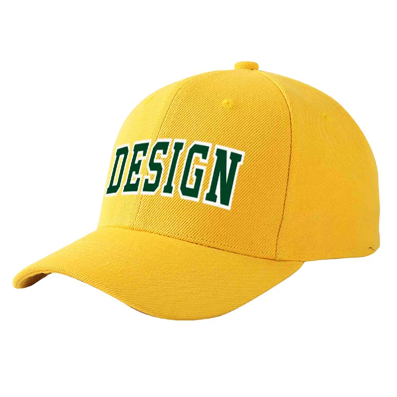 Custom Gold Green-White Curved Eaves Sport Design Baseball Cap