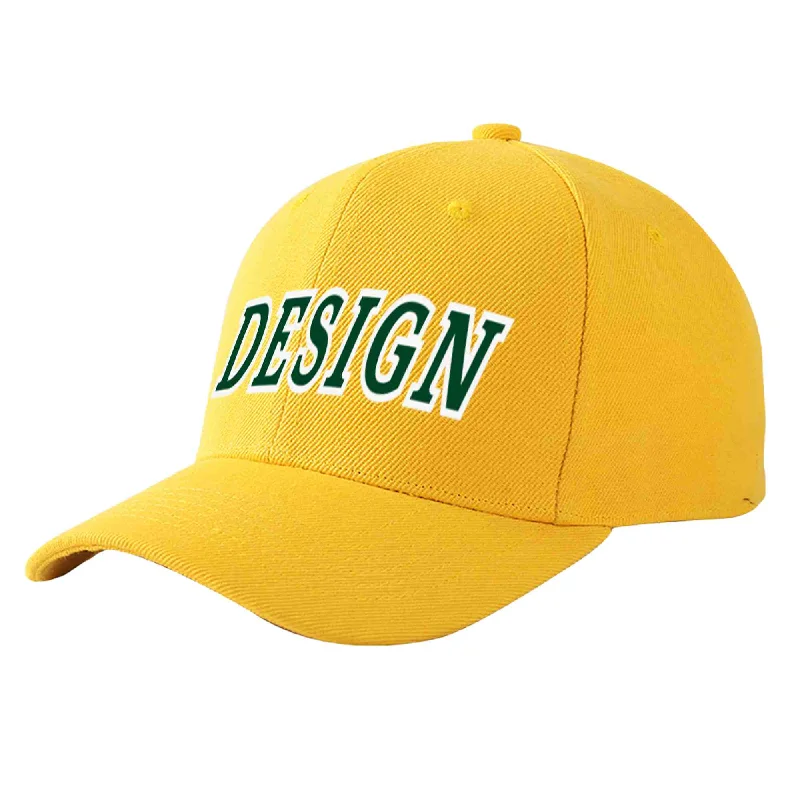 Custom Gold Green-White Curved Eaves Sport Design Baseball Cap